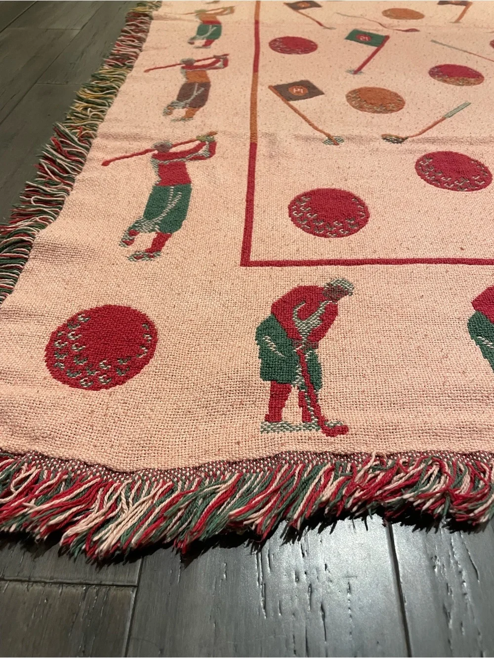 Vintage Golf Woven Throw Blanket Afghan Fringe Golf Ball Club Flag Golfer 70x40